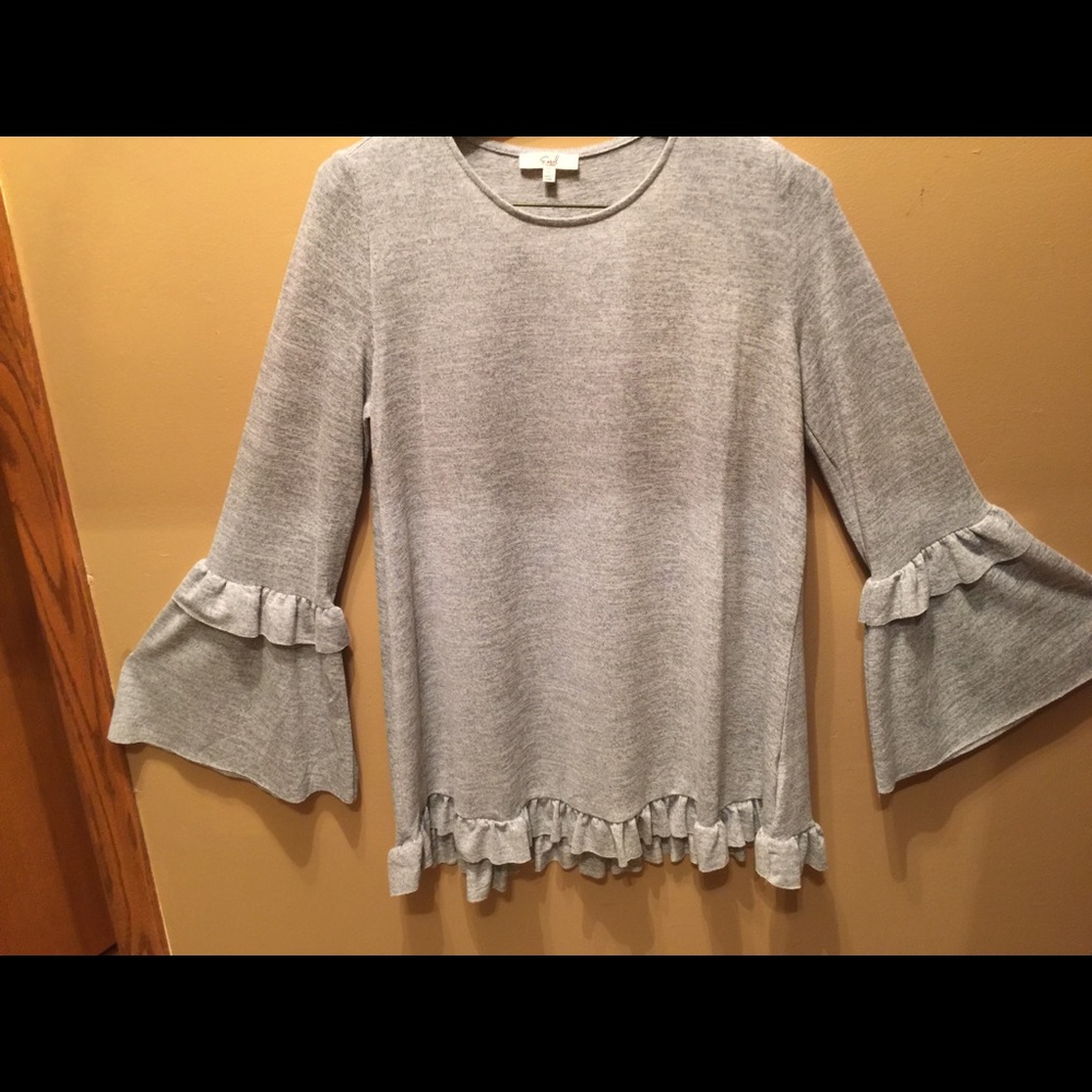NEW Boutique Soft Grey Ruffled Top Bell Sleeves